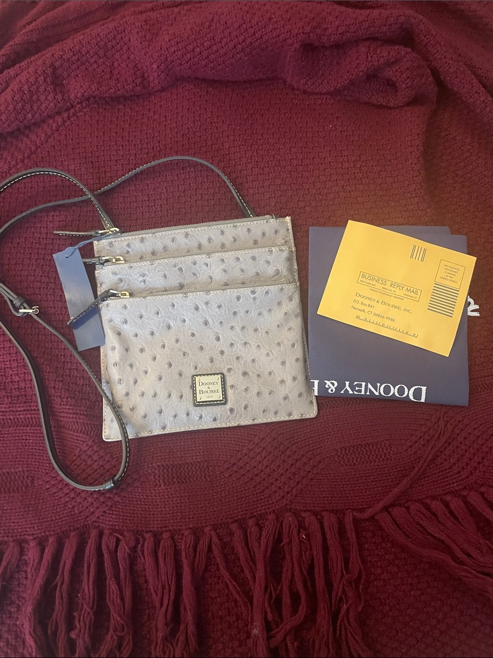 Dooney & Bourke Gray Ostrich-Embossed Triple Zip Crossbody Bag NWT